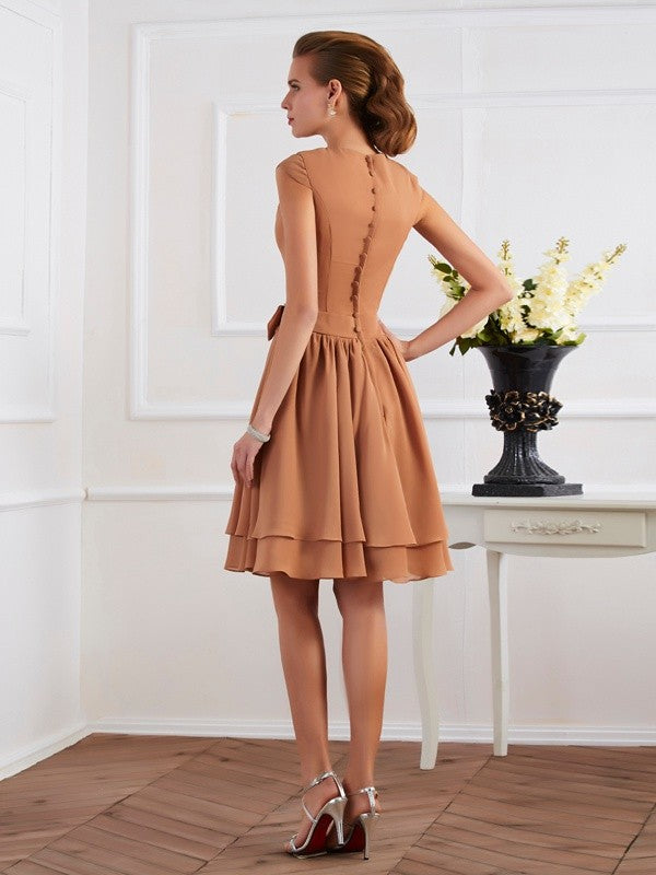 Wholesale Sheath/Column High Neck Sleeveless Sash/Ribbon/Belt Short Chiffon Bridesmaid Dresses